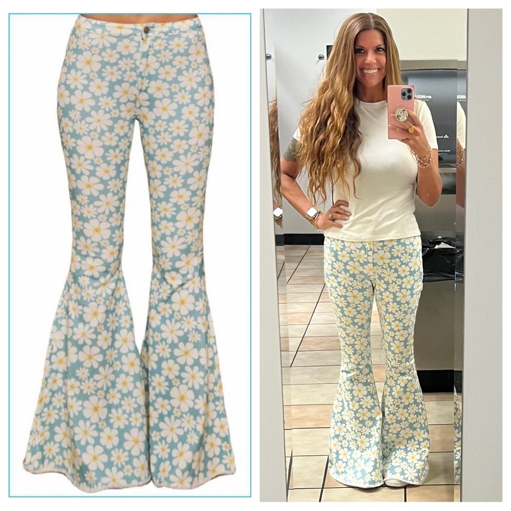 Blue Aster Floral Bell Bottom Jeans- sku: 9153